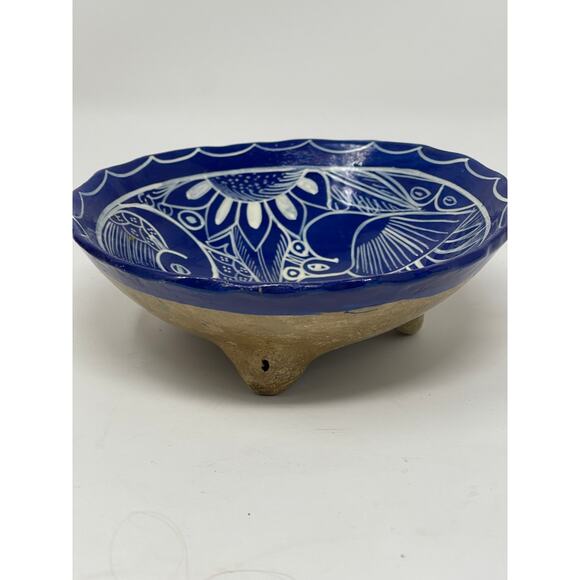 Vintage Mexican Folk Art Bird Pottery Small Footed Hand Painted Trinket Bowl - Picture 3 of 8